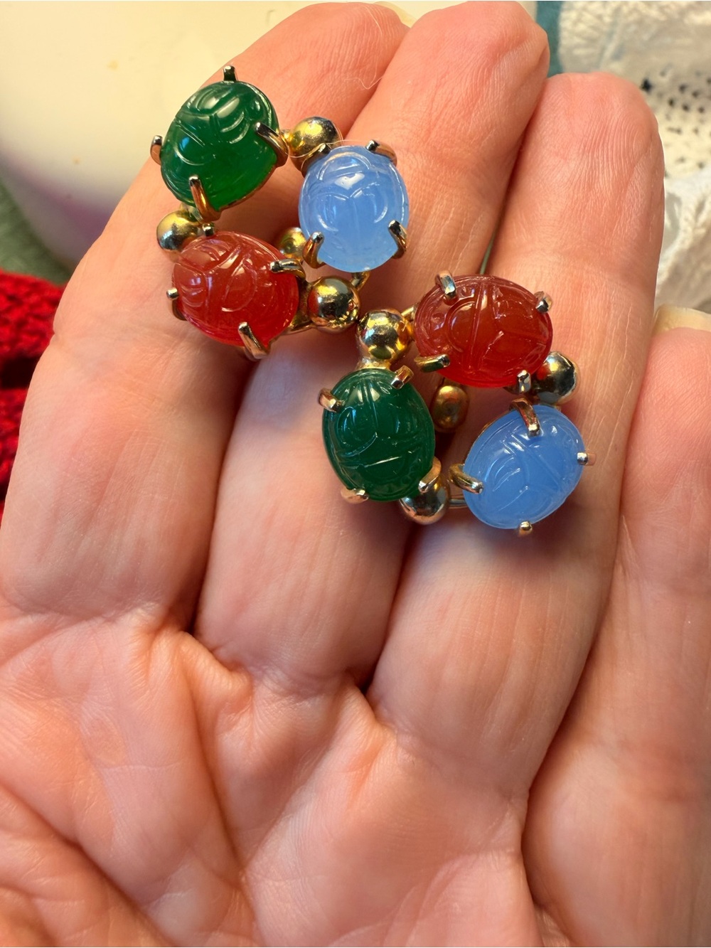 Vintage Multicolor Scarab Glass Cabochon Screw-On Earrings - Green, Red, Blue